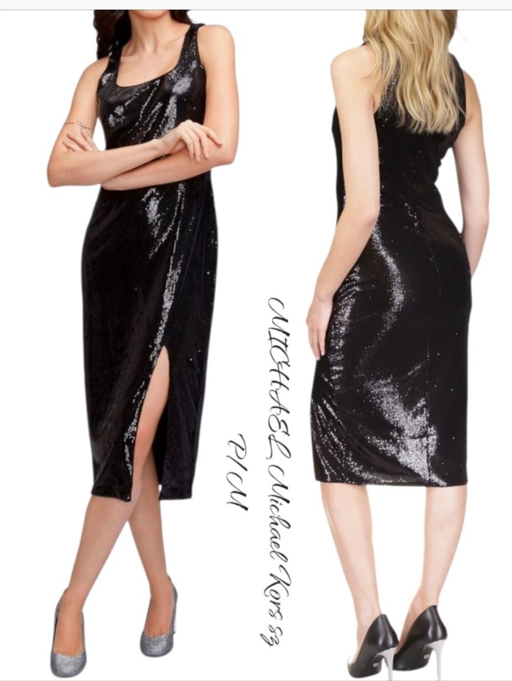 MICHAEL Michael Kors Black Sequin Midi Dress Slit Sz P/M
